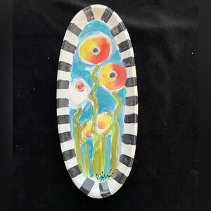Handmade Ceramic Oval Serving Tray Poppies on Turquoise “12.5”x5.5” Original